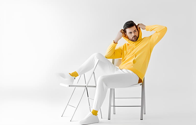 handsome young man in yellow hoodie putting on hood while sitting on chairs on white
