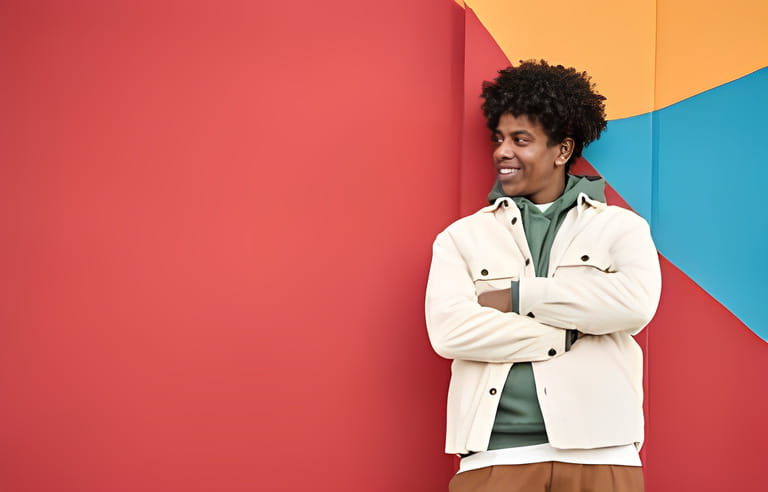 Young happy African American teen guy isolated on bright colors wall background. Smiling stylish cool ethnic generation z teenager student model standing looking away at copy space for advertising.