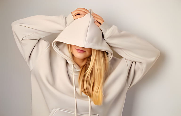 Young beautiful girl in a white hoodie posing. Warm oversized hoodie with an hood. Stylish trendy hipster bow. Trying on clothes in a store. Youth subculture. Fashion clothing advertising