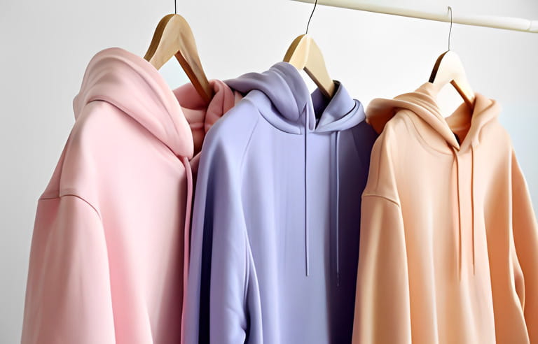 Modern hoodies hanging on light wall