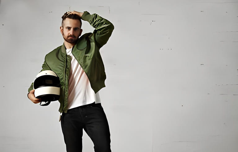 Tired young motorbiker in green bomber jacket, black jeans and white t-shirt adjusting his hairstyle and holding his white helmet