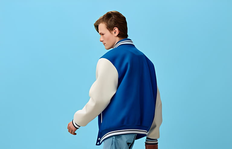 a handsome, young man student in a trendy blue bomber jacket stands with his back to the camera on a light blue background.