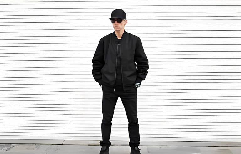 Stylish young attractive man hipster in a black cap in black sunglasses in stylish jeans in trendy sneakers in a black bomber jacket stand on the street against a white metal wall. Serious guy.