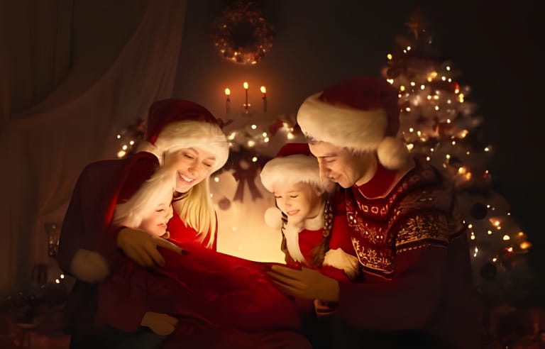 Christmas Family opening Santa Bag with Gifts. Happy Parents and Kids sitting in front of Decorated Xmas Fir Tree and looking at Magic Light. Winter Holiday Eve