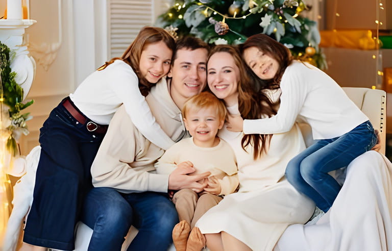 Beautiful happy large family on the couch by the Christmas tree. the concept of happy Christmas holidays, a program of financial assistance and preferential mortgages for families. Gifts. Beautiful happy large family on the couch by the Christmas tree. the concept of happy Christmas holidays, a program of financial assistance and preferential mortgages for families. Gifts.
