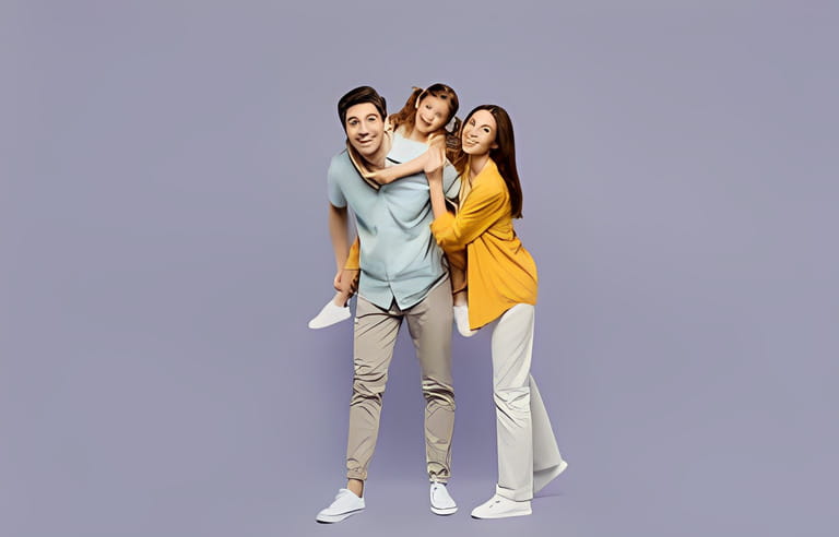 Full body young joyful happy parents mom dad with child kid daughter girl 6 years old wear blue yellow casual clothes giving piggyback ride to joyful, sit on back isolated on plain purple background Full body young joyful happy parents mom dad with child kid daughter girl 6 years old wear blue yellow casual clothes giving piggyback ride to joyful, sit on back isolated on plain purple background