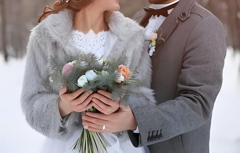 Happy wedding couple with bouquet outdoors on winter day, closeup