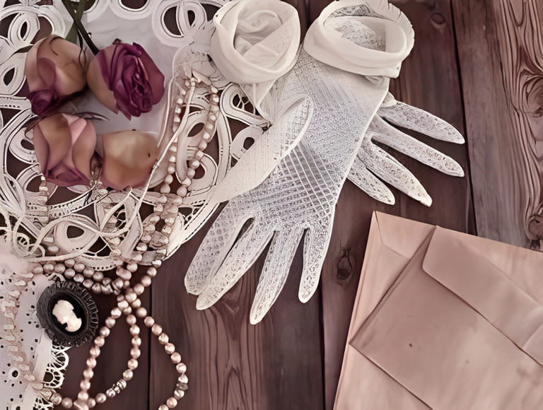 Vintage women's jewelry and gloves. Retro concept with dried roses on a wooden background Vintage women's jewelry and gloves. Retro concept with dried roses on a wooden background