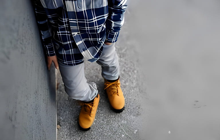 Chest-down shot of kid wearing work boots and plaid shirt