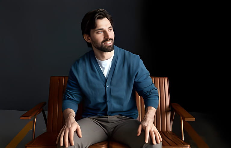 Happy joyful married guy with breaded chin having rest sitting on brown small couch, looking aside with toothy smile, putting hands on knees, wearing blue classical cardigan and stylish pants Happy joyful married guy with breaded chin having rest sitting on brown small couch, looking aside with toothy smile, putting hands on knees, wearing blue classical cardigan and stylish pants