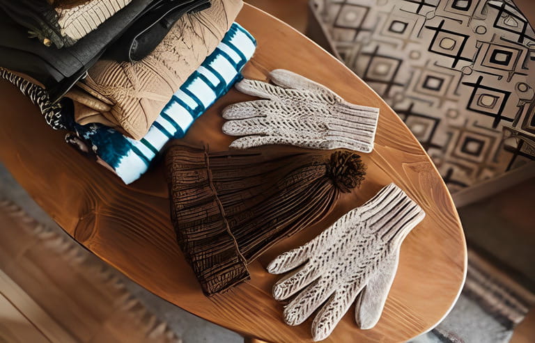 cozy knitted woolen sweaters and hat, gloves on wooden handmade cozy knitted woolen sweaters and hat, gloves on wooden handmade