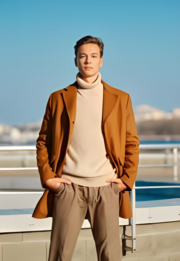 Street fashion. Young man in checkered trousers, sweater and wool coat. Street fashion. Young man in checkered trousers, sweater and wool coat.