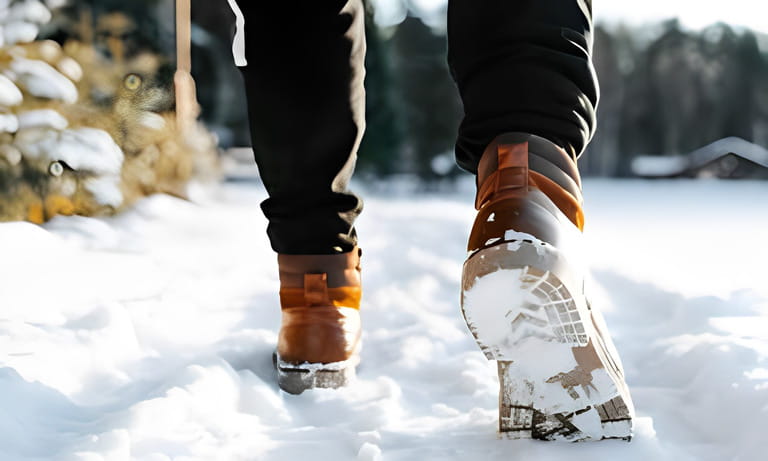 Man in leather brown winter boots walking on snowy road outdoors, back view. Close-up of modern warm men's shoes. Selective focus on right shoe, embossed sole. Low angle view. Man in leather brown winter boots walking on snowy road outdoors, back view. Close-up of modern warm men's shoes. Selective focus on right shoe, embossed sole. Low angle view.