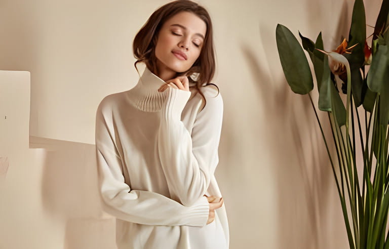 Beautiful sexy woman brunette hair fashion model beautiful face wearing casual trend clothes for day out summer collection white sweater and beige skinny shorts