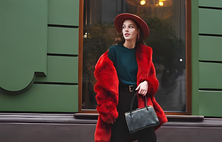 Outdoor fashion portrait of confident beautiful young woman wearing trendy orange fur coat, hat, green sweater, holding stylish snakeskin texture handbag, posing on street