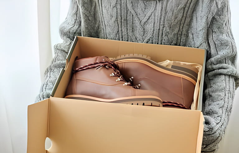 New womens leather brown waterproof hiking winter autumn boots in hands of female, trendy footwear for winter. Unpacking shoes, shopping online from home, shoe fashion store New womens leather brown waterproof hiking winter autumn boots in hands of female, trendy footwear for winter. Unpacking shoes, shopping online from home, shoe fashion store