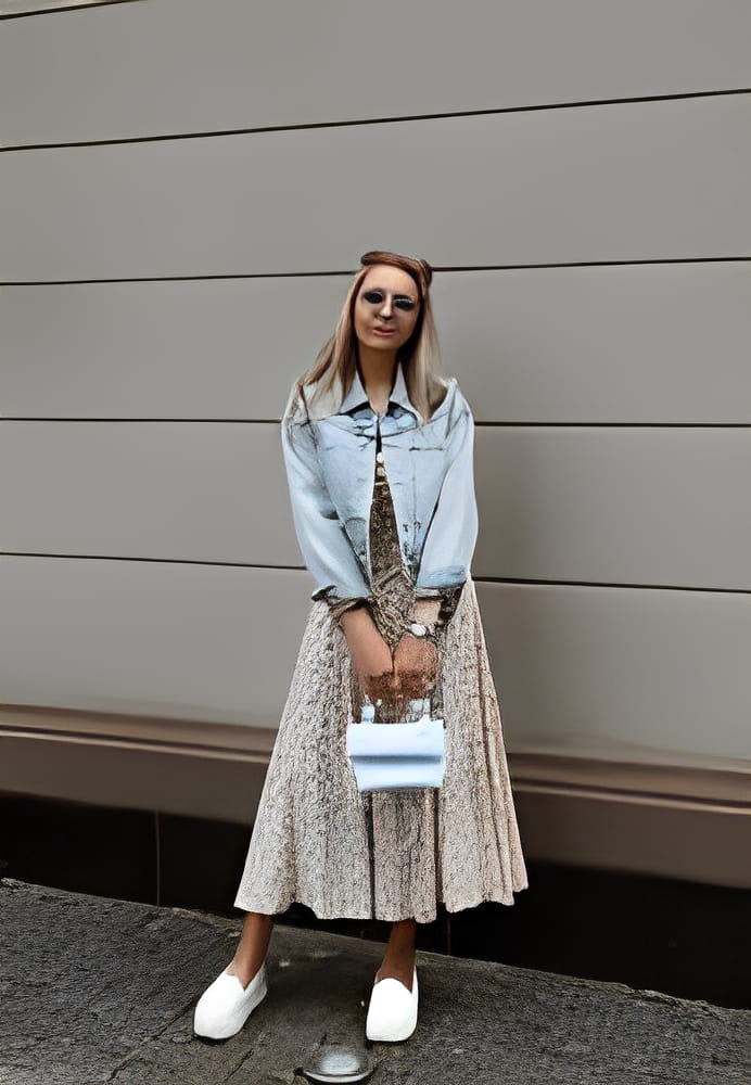 beautiful blonde girl dressed in beige dress with flower print, denim jacket, blue bag, accessories, sunglasses, wavy hair, stylish trendy summer fashion outlook, full length lifestyle model
