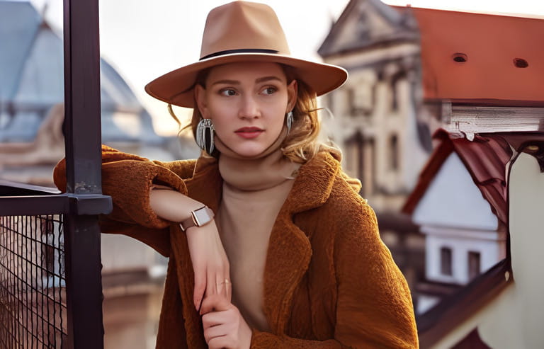 Outdoor fashion portrait of elegant woman wearing beige hat, wrist watch, turtleneck, brown faux fur coat, trendy big earrings with rhinestones, posing in European city.