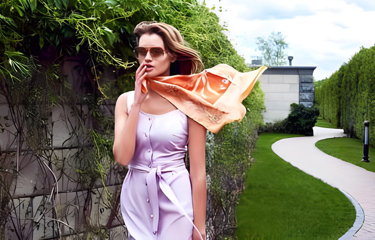 Beautiful sexy blond woman makeup wear stylish short dress for party and walk glamour fashion clothes silk shawl accessory bag and sunglasses good summer weather park outdoor gate green trees