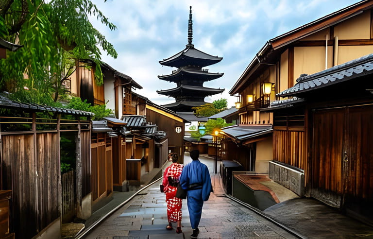 Kyoto, Japan Culture Travel - Asian tourists wearing traditional Japanese kimonos walk in Higashiyama district in old town Kyoto, Japan. Kyoto, Japan Culture Travel - Asian tourists wearing traditional Japanese kimonos walk in Higashiyama district in old town Kyoto, Japan.