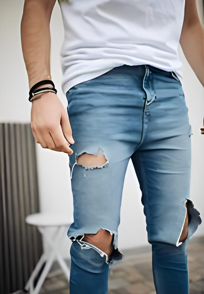 Close-up picture of attractive guy with ripped jeans. Close-up picture of attractive guy with ripped jeans.