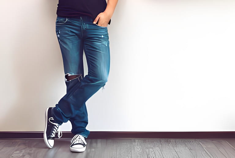 Legs of young fashionable man in jeans and sneakers on wooden floor Legs of young fashionable man in jeans and sneakers on wooden floor