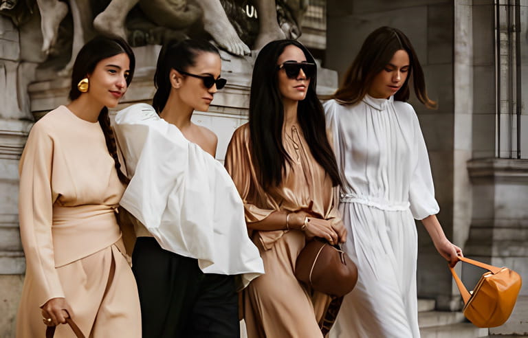 PARIS, FRANCE - SEPTEMBER 30, 2019: Bettina Looney, Anna Rosa Vitiello, Tamara Kalinic, Florrie Thomas before STELLA McCARTNEY fashion show at Paris Fashion Week Spring/Summer 2020. PARIS, FRANCE - SEPTEMBER 30, 2019: Bettina Looney, Anna Rosa Vitiello, Tamara Kalinic, Florrie Thomas before STELLA McCARTNEY fashion show at Paris Fashion Week Spring/Summer 2020.