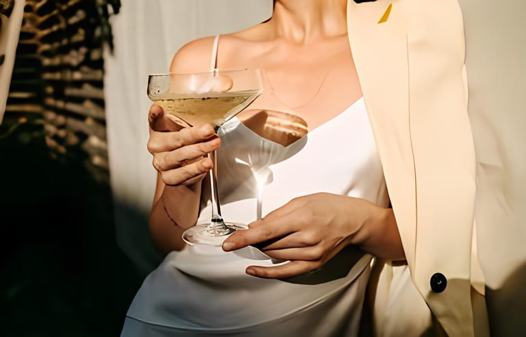 Luxurious woman wearing a white dress, holding a coupe with champagne in the sunshine. Concept of an outdoor party. Luxurious woman wearing a white dress, holding a coupe with champagne in the sunshine. Concept of an outdoor party.
