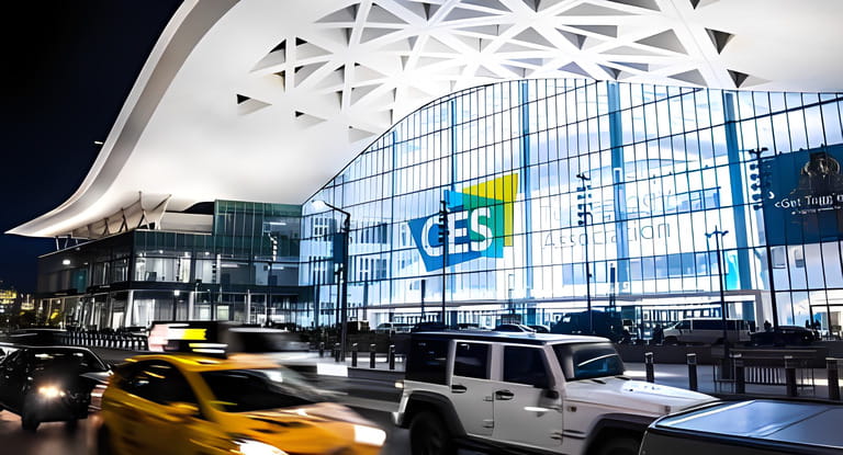 Las Vegas, NV 1-6-2023: Exterior of LV Convention Center West Hall during CES2023. Logo of CES and building name on wall. Motion blue from yellow cab taxi and other cars passing by.