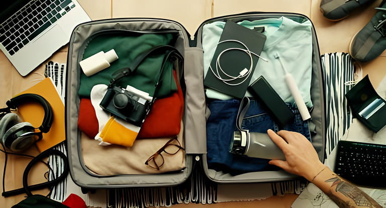 Man with tatted arm packs suitcase for adventure travel trip. Packing bag with camera, laptop, portable battery charger and electric toothbrush. Modern travel blogger concept