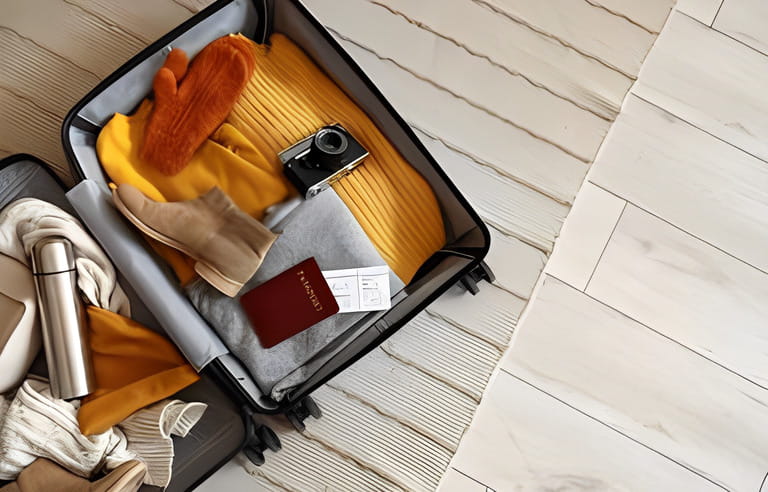 Open suitcase with travelling accessories and winter clothes on carpet, top view