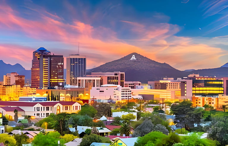 Tucson, Arizona, USA downtown skyline with Sentinel Peak at sunset. ("A" peak for "Arizona") Tucson, Arizona, USA downtown skyline with Sentinel Peak at sunset. ("A" peak for "Arizona")