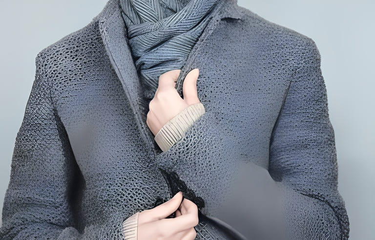 Close-up of a woman in a gray knitted jacket and blue scarf. Winter, autumn warm woolen clothes.