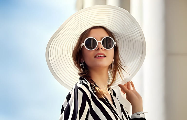 Outdoor close up portrait of young beautiful happy girl posing in street. Model wearing stylish round sunglasses, wide-brimmed hat, stripped black-white blouse. City lifestyle, female fashion concept Outdoor close up portrait of young beautiful happy girl posing in street. Model wearing stylish round sunglasses, wide-brimmed hat, stripped black-white blouse. City lifestyle, female fashion concept