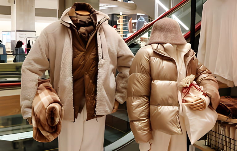 TOKYO, JAPAN - November 16, 2022: Winter clothes on display in Uniqlo Tokyo in Tokyo's Ginza area. TOKYO, JAPAN - November 16, 2022: Winter clothes on display in Uniqlo Tokyo in Tokyo's Ginza area.