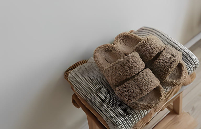 Stack of warm neutral beige clothes on wooden stool over white wall. Fluffy slippers, wool pullovers and sweaters. Minimalist autumn, fall fashion background Stack of warm neutral beige clothes on wooden stool over white wall. Fluffy slippers, wool pullovers and sweaters. Minimalist autumn, fall fashion background