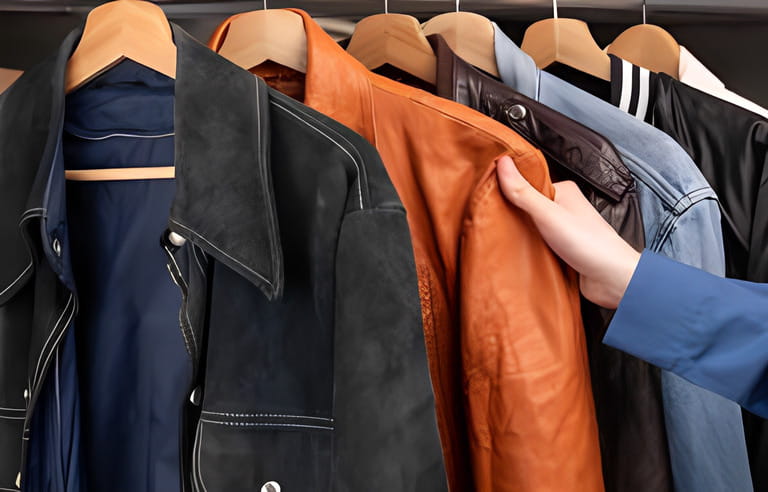 Man choosing clothing in a second hand store. Various vintage suede leather and jeans jackets hang on clothing rack. Thrifting and sustainability in clothing concept