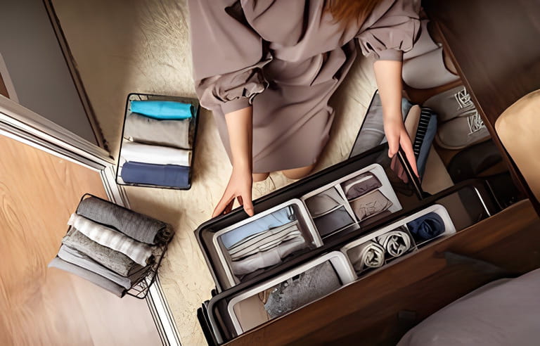 Housewife hands with neatly put underwear, clothes and accessories modern wardrobe organization top view. Woman arms carrying ecological minimalist clothing box container storage Marie Kondo method Housewife hands with neatly put underwear, clothes and accessories modern wardrobe organization top view. Woman arms carrying ecological minimalist clothing box container storage Marie Kondo method