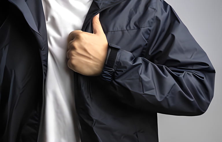 Man wearing black anti static or wet weather jacket or rain coat on white background Man wearing black anti static or wet weather jacket or rain coat on white background