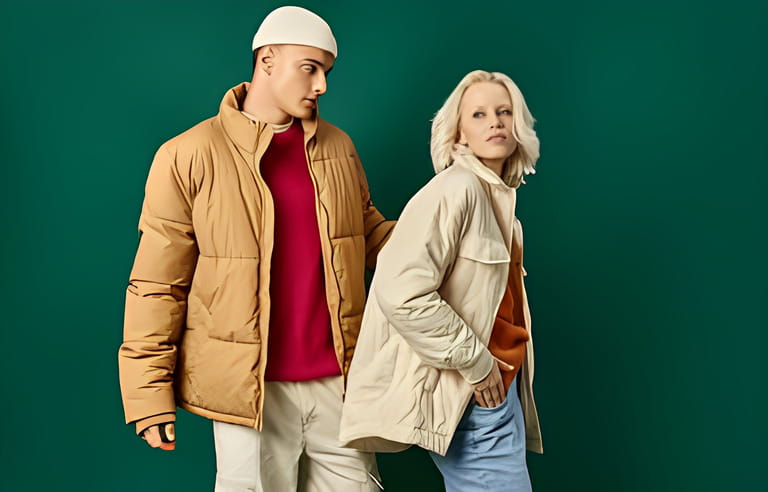 young couple in puffer jackets posing together on turquoise background, fashionable man and woman young couple in puffer jackets posing together on turquoise background, fashionable man and woman