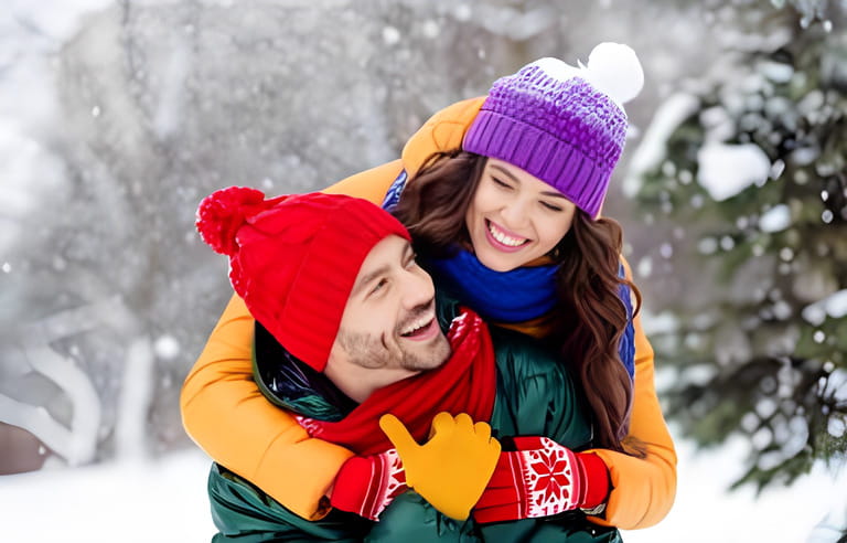 Photo of charming shiny marriage couple wear windbreakers embracing looking eyes to eyes walking snowy weather smiling outside park
