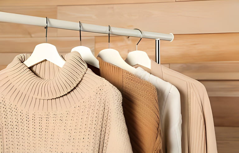Collection of warm sweaters hanging on rack against wooden background Collection of warm sweaters hanging on rack against wooden background