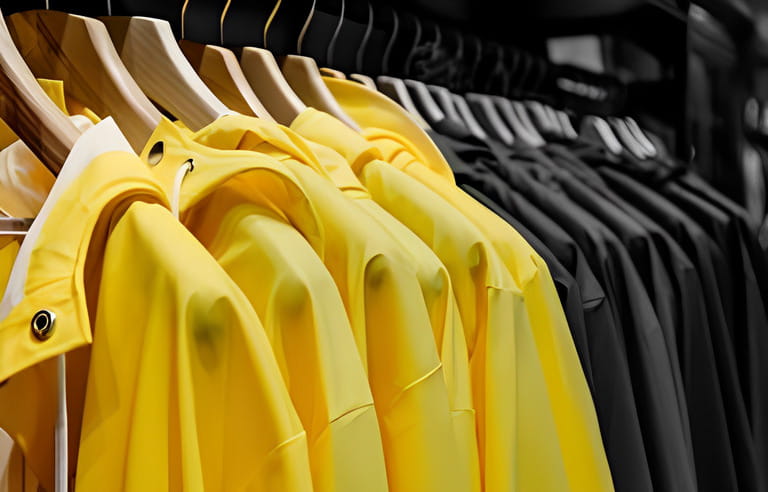 Yellow rain jackets hang on wooden hangers, close up. Yellow and gray fashion background. Trendy Colors of the year 2021 Yellow Illuminating and Ultimate gray