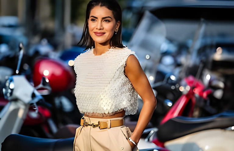Camila Coelho on the street during the Milan Fashion Week.