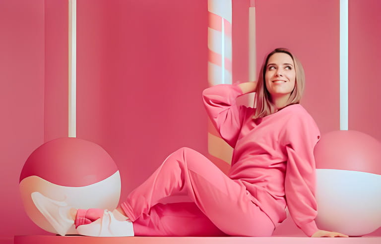 Happy Woman Wearing Pink Sitting in a Candy Carrousel Décor. Happy cheerful girl having a sweet tooth enjoying dessert Happy Woman Wearing Pink Sitting in a Candy Carrousel Décor. Happy cheerful girl having a sweet tooth enjoying dessert