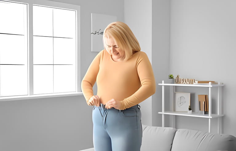 Troubled overweight woman in tight clothes