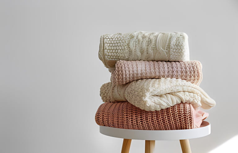 Stack of freshly washed women's clothes, neatly folded on a wooden table. Pile of shirts, skirts and sweaters on the table, white wall background. Copy space, close up, view top.