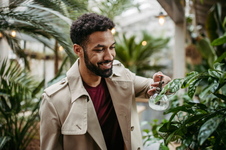 Portrait of young multiracial man taking care of plants in modern greenhouse.  Portrait of young multiracial man taking care of plants in modern greenhouse.