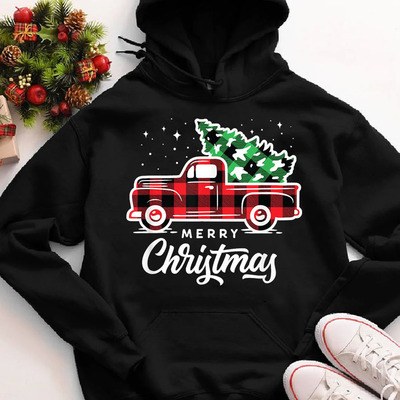 Vintage Style Farm Red Truck With Christmas Tree Hoodie