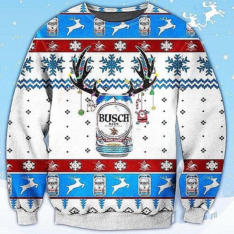 Busch Ugly Christmas Sweater Deer In Snowflakes